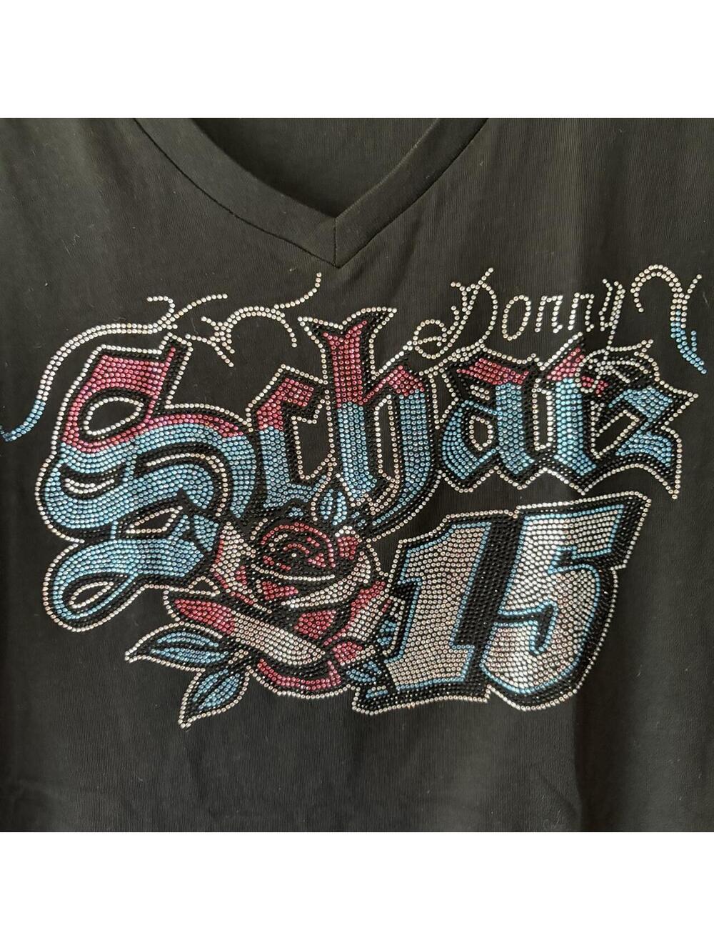 Racing Women's Black and Multi T shirt Rhinestones 2XL